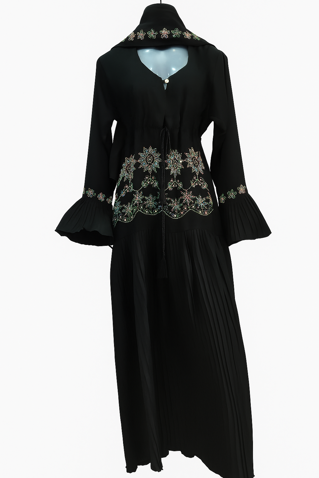 Black Embroidered Abaya with Pleated Sleeves & Floral Design