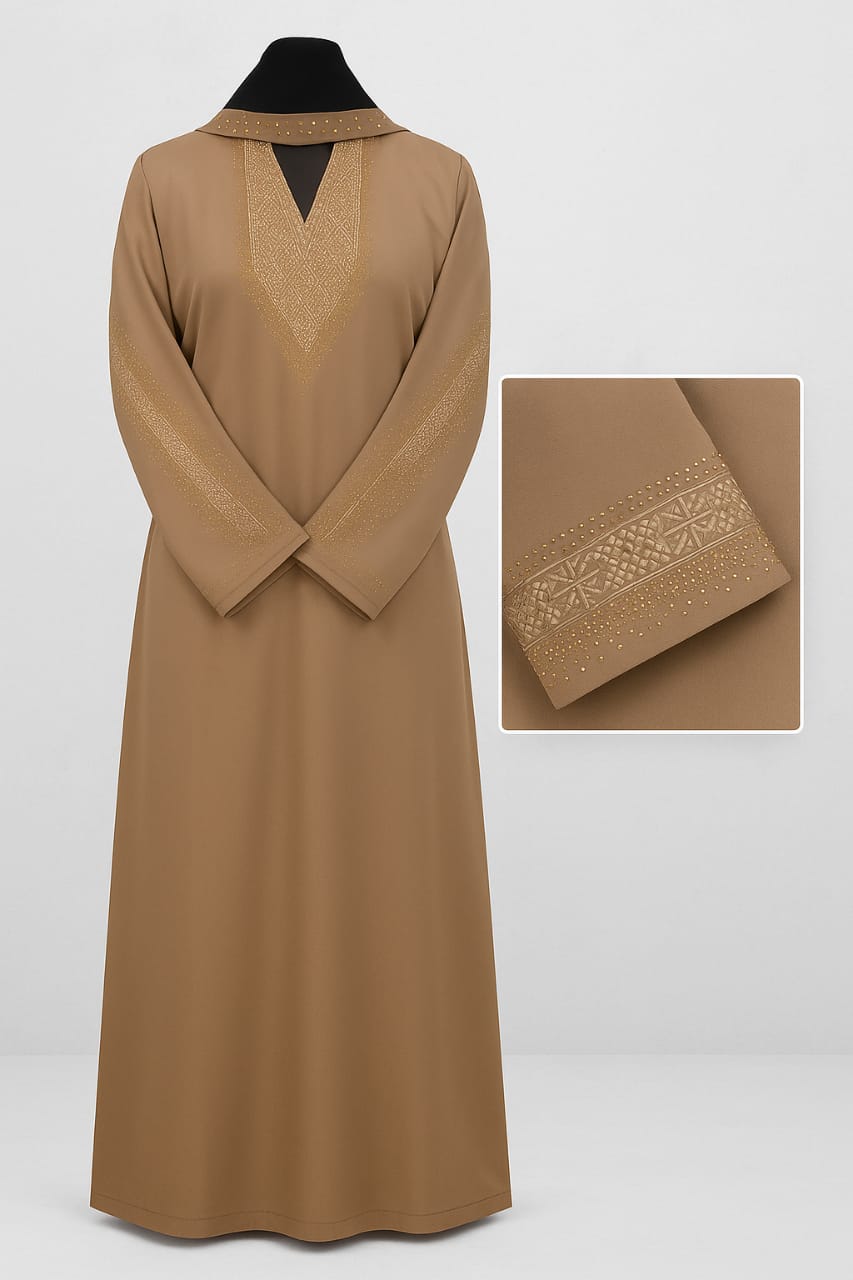 Paratha Luxury Brown Burkha with Golden Embroidery | Elegant Modest Wear