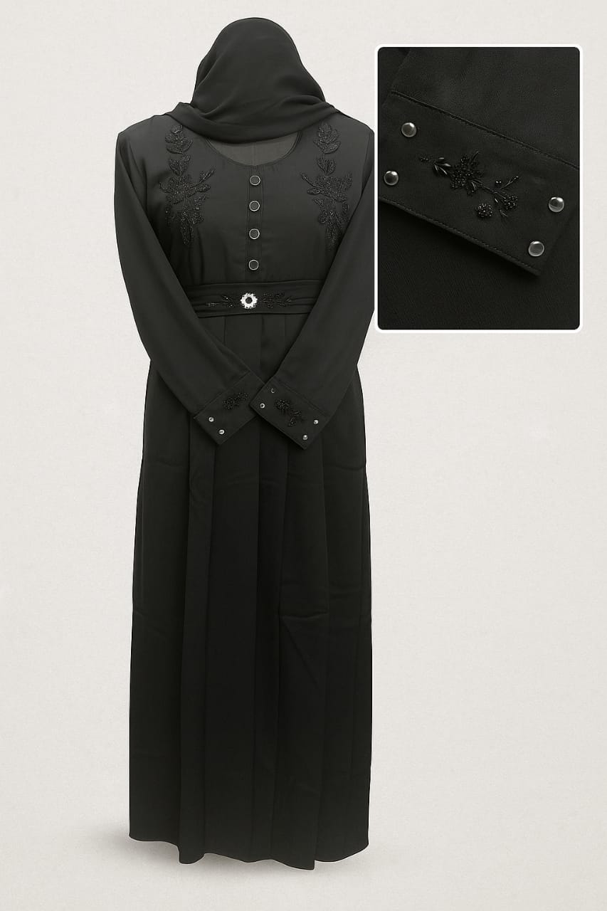 Black Burkha Frok type Nida with Bead Embroidery & Buttons | Elegant Modest Wear