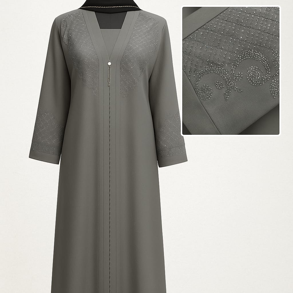 Grey Burkha with Stone Work | Elegant Modest Wear for Women