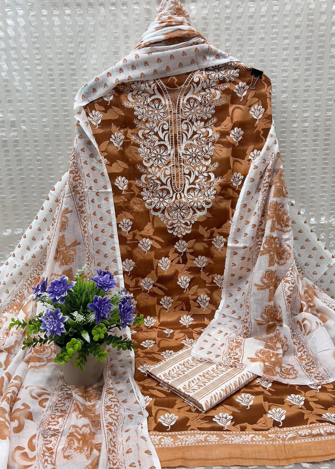 Designer Unstitched Cotton Dress Material for Women – Kurta, Pant & Dupatta Set (Brown & White Floral Print Fabric)