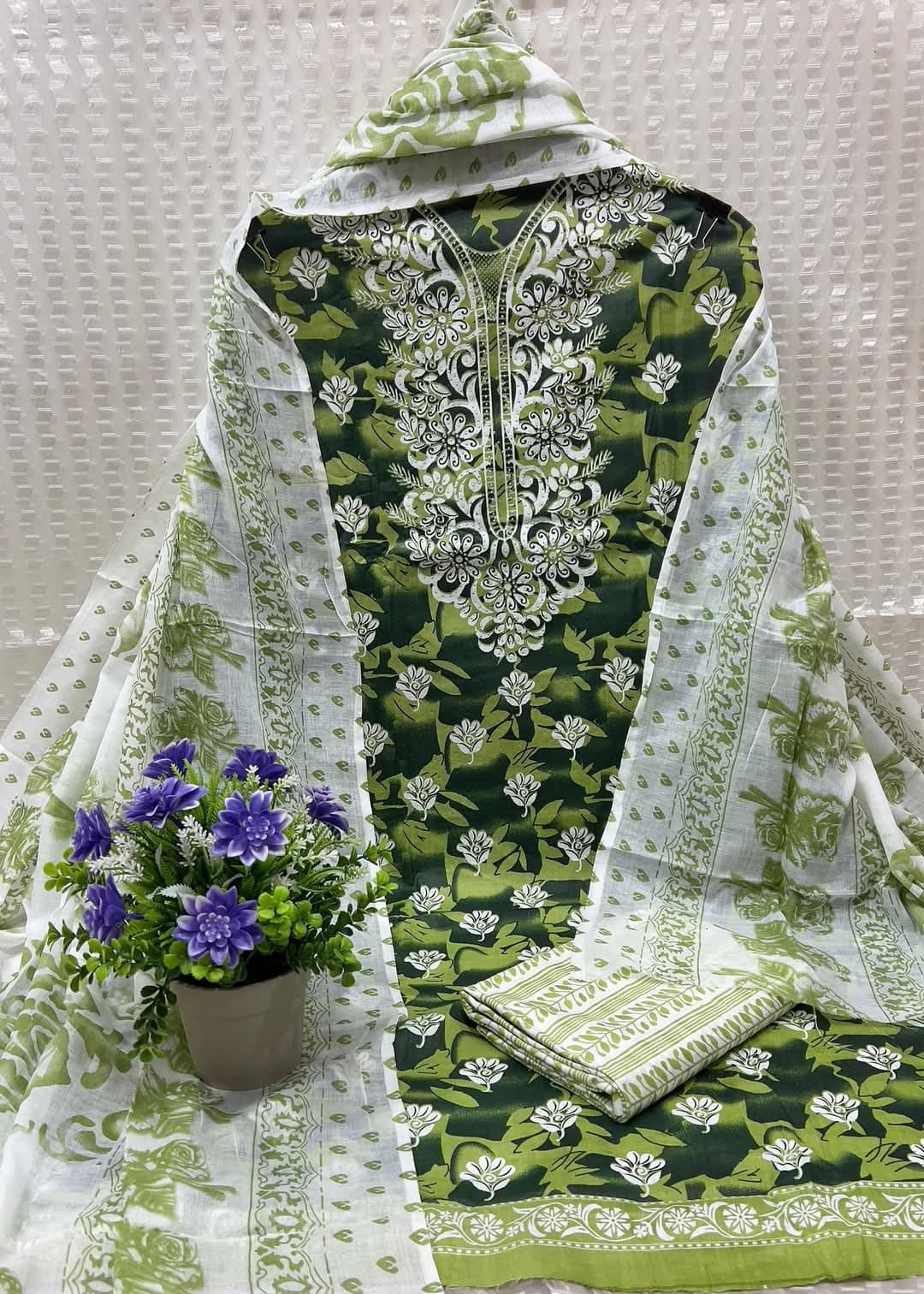 Elegant Unstitched Cotton Dress Material for Women – Kurta, Pant & Dupatta Set (Teal & Beige Printed Fabric)