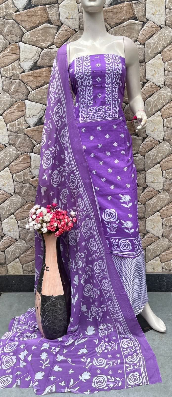 Kurta, Pant & Dupatta Set (Brown & White Floral Print Fabric) - Designer Unstitched Cotton Dress Material for Women